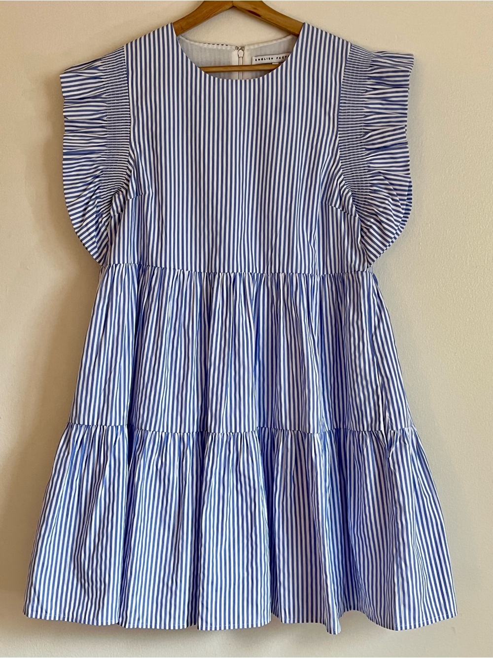 English Factory Blue and White Striped Tiered Dress with Ruffle Sleeves